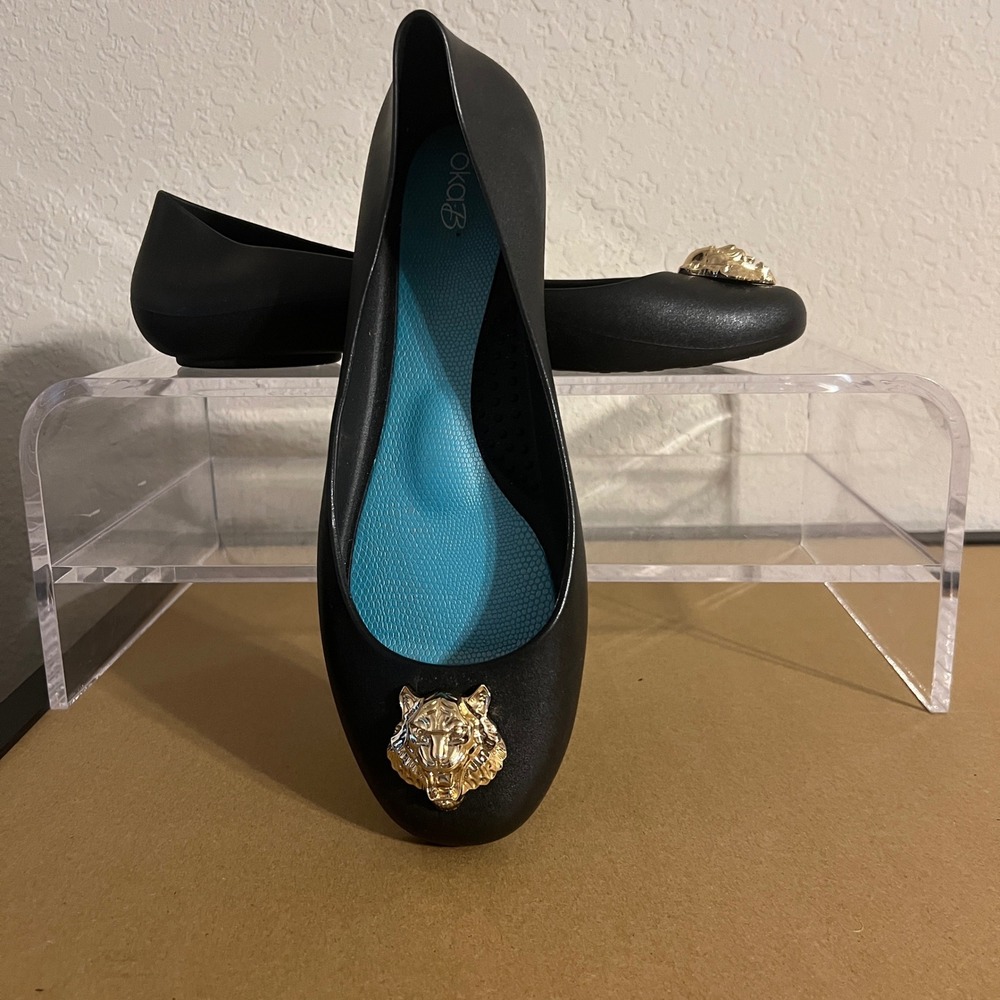OKA-B Lennon Licorice Black Ballet Flats Gold Tiger Head Women's Size 11